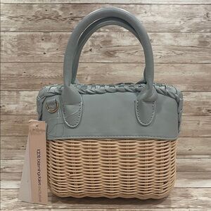 Aqua Sky Blue and Beige Woven Tote